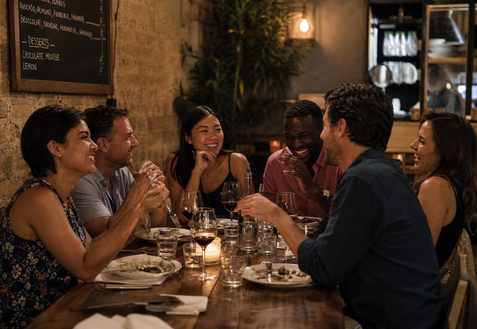 Six friends sharing a candlelit dinner around a warm communal table